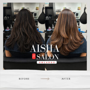 Hair color trends 2026 before and after transformation at Aisha Salon Orlando