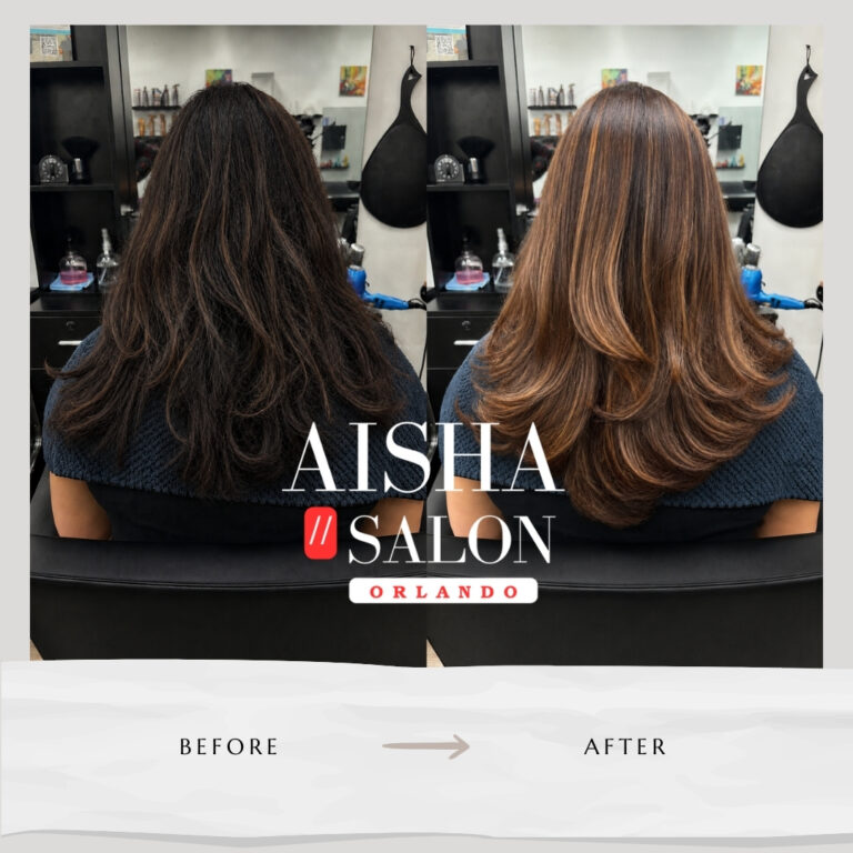 Hair color trends 2026 before and after transformation at Aisha Salon Orlando